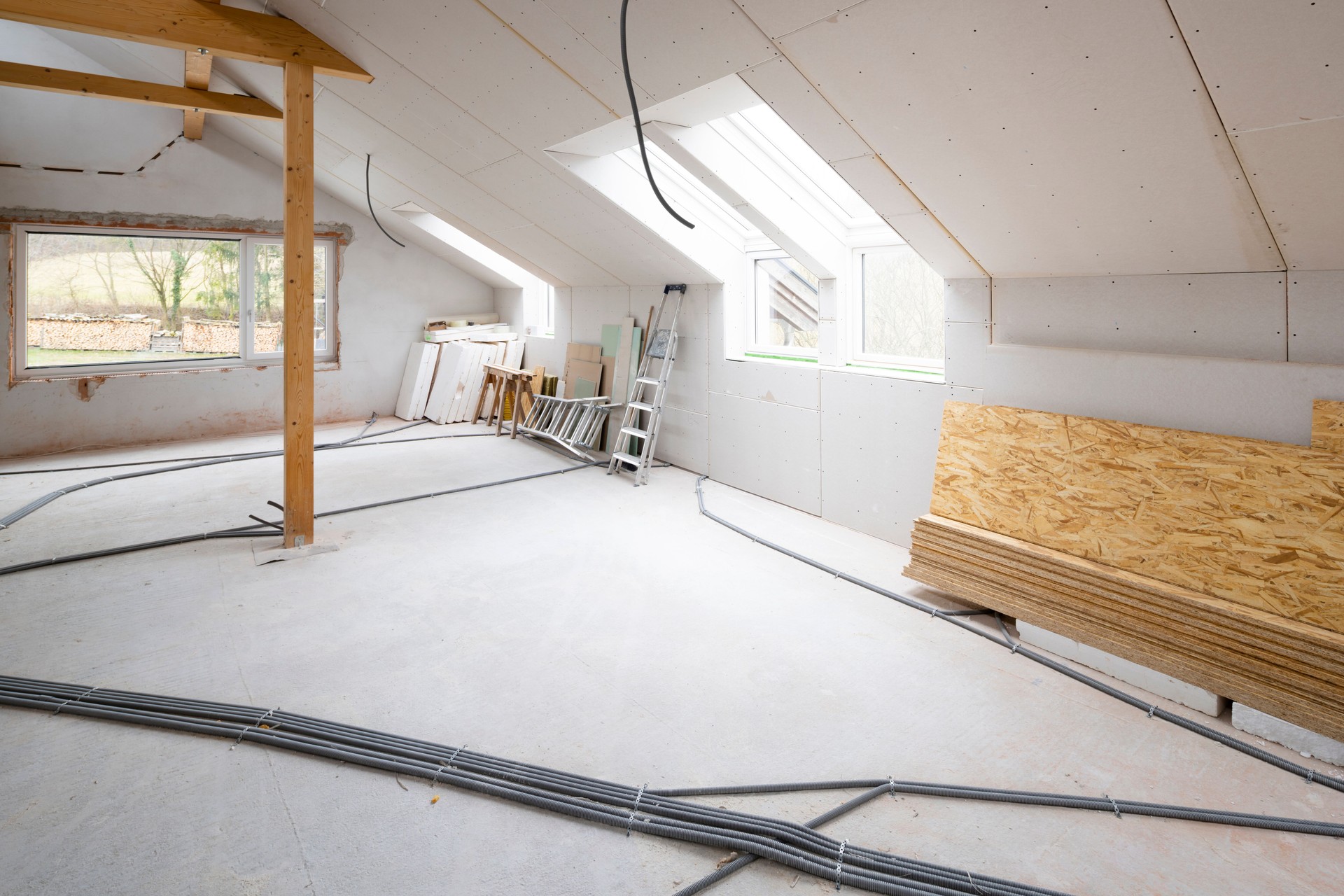 Loft construction site drywall without people in daylight